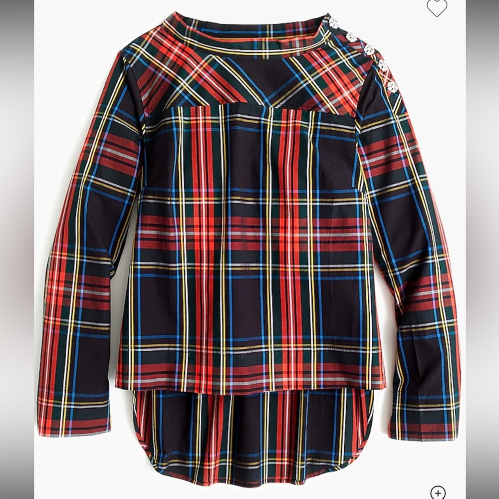 J. Crew Funnel Neck Plaid Shirt with Jeweled Buttons